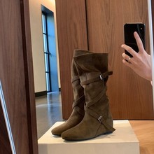 2025年秋冬增高6cm~ 韩系圆头平底绒面堆堆靴中筒靴女厚底长筒靴