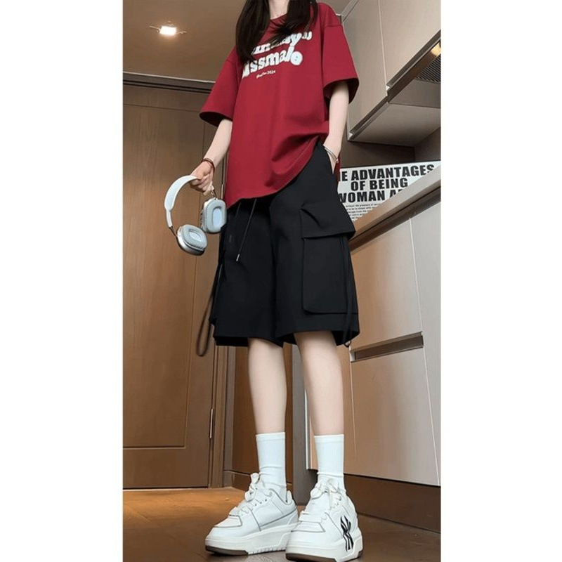 Hong Kong Style Black Multi-Pocket Sports Cargo Shorts for Men and Women, Summer Thin Loose Versatile Trendy Casual Pants for Students