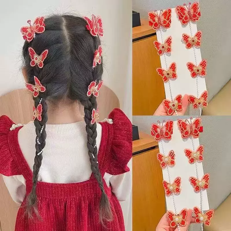 新年发饰儿童蝴蝶发夹流苏中国风编发链宝宝对夹女童拜年喜庆发卡