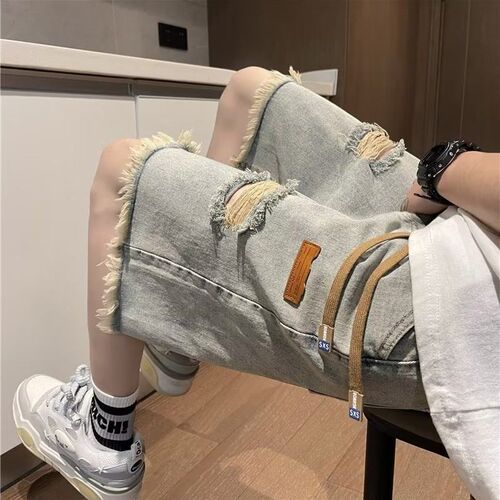 American Street Retro Frayed Hole Denim Shorts for Men, Summer Thin Version, Streetwear Trendy Bad Boy Style Five-Pocket Pants