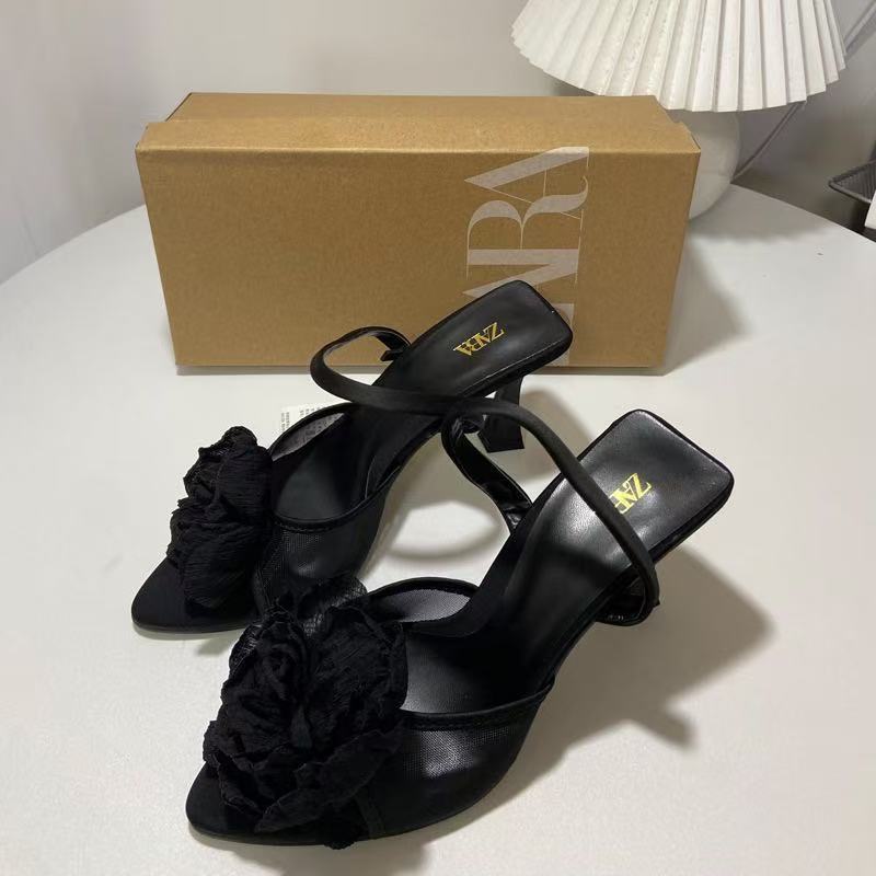 ZA爆款女鞋24新品尖头浅口网纱大玫瑰花朵露趾后绑带细高跟凉鞋女|undefined