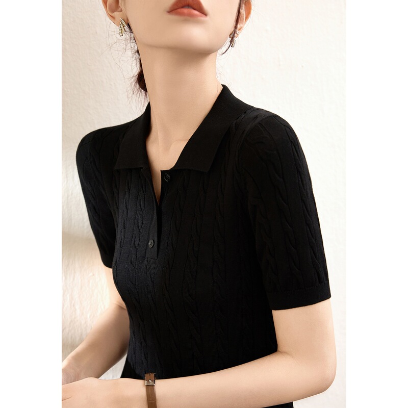 Korean Fashion Style Black Polo Collar Knitwear Women's Summer New Pure Cotton Short-Sleeved Slim Fit Top