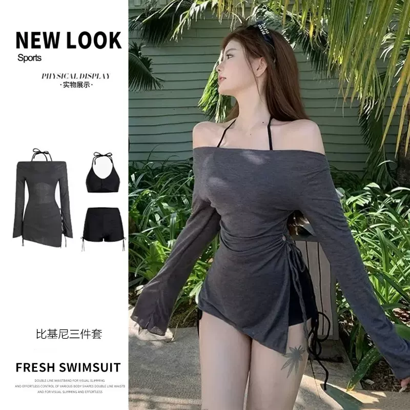 高级感透视长袖套头罩衫三件套保守游泳衣女性感辣妹比基尼BIKINI