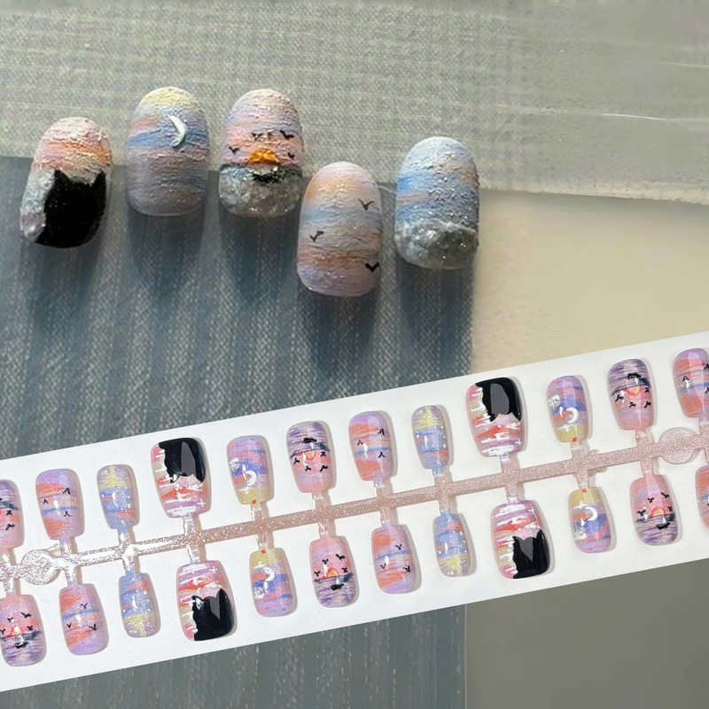 Niche Oil Painting Style Artistic Wearing Armor Stereo Plaster White Sunset Beach Kitten Nail Art Patch Purple Sizzy