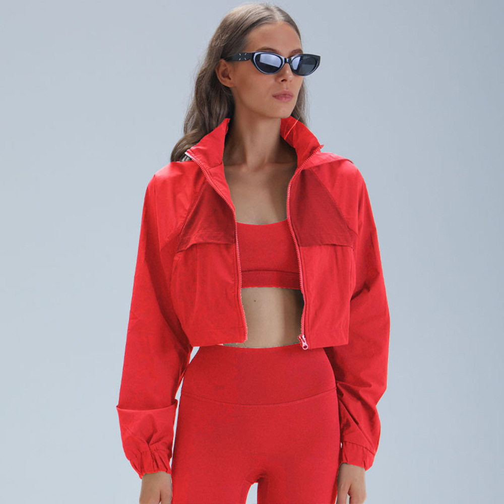 Transfronterizo corto con cojín de pecho para el deporte al aire libre juego de ocio fitness correr yoga suelto chaqueta con capuz seco rápido image 18