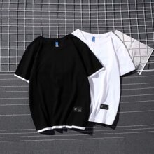 矮胖专用外贸男短袖原创假两件短袖T恤青少年日系拼色半袖T恤男