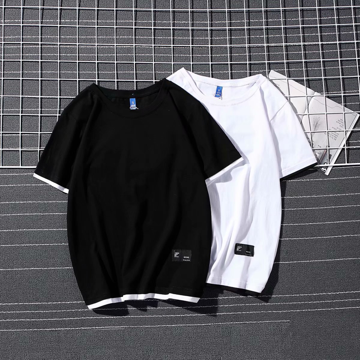 矮胖专用外贸男短袖原创假两件短袖T恤青少年日系拼色半袖T恤男