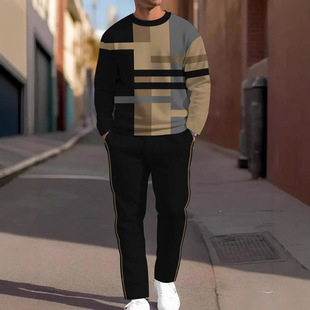 2025 Spring Cross-Border Men's Sports Suit Round Neck 3D Printed Sweatshirt and Sweatpants Amazon Hot Selling Spot Direct Supply