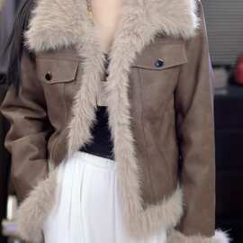 摩登美式复古皮衣新款压花时尚气质皮衣毛毛套冬春皮草外套女