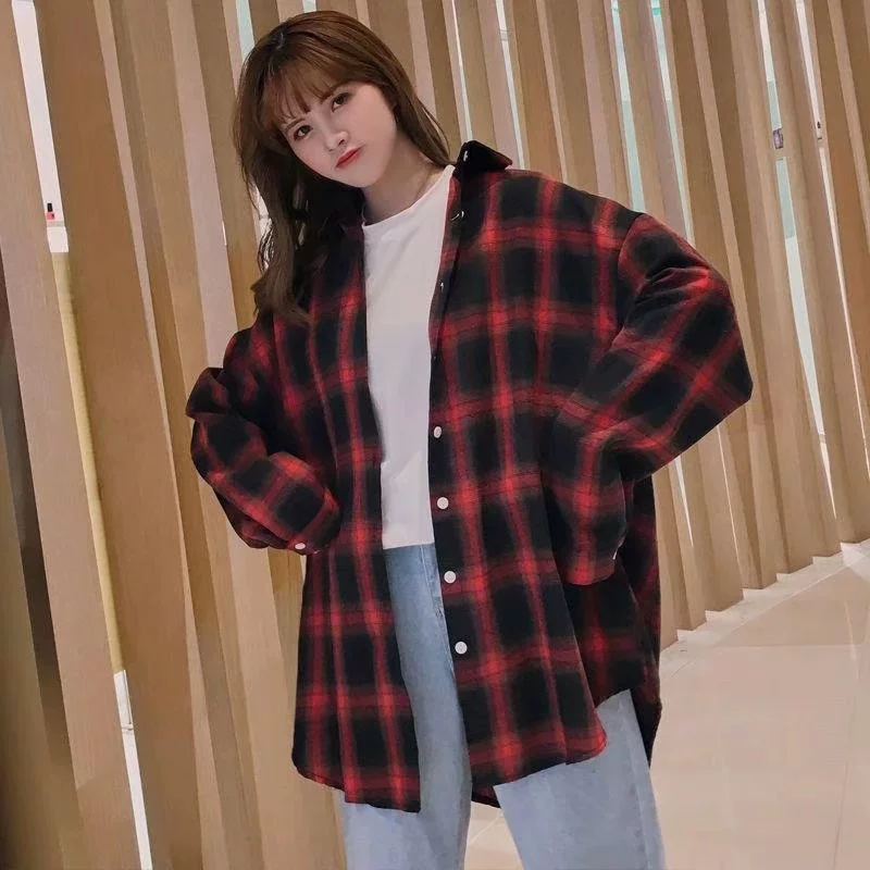 2023 Новая весенне-осенняя клетчатая рубашка, Женская свободная универсальная рубашка в Корейском стиле ретро в гонконгском стиле, Модная студенческая рубашка с длинными рукавами