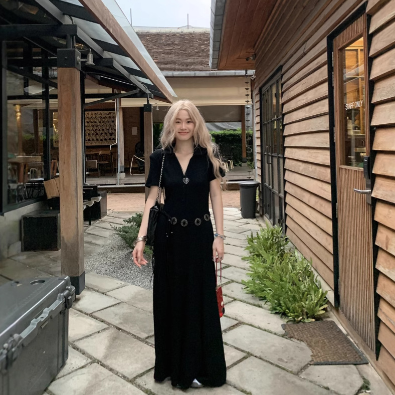 Plus Size Extended Elegant Slimming Look Hepburn Style Black Button Knitted Lapel Dress Waist High-End Short-Sleeved Long Skirt