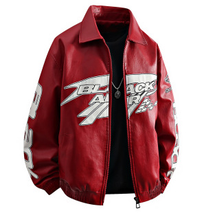 American Racing Suit Printed Leather Jacket Men's Street Handsome Hiphop High Street Fashion Brand Stand Collar Motorcycle Leather Jacket Jacket