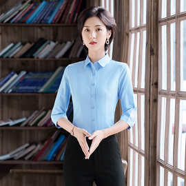 夏款韩版单排扣翻领格子气质通勤纯色拼接开衫修身蓝色衬衫