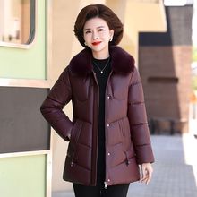 妈妈秋冬装洋气PU皮棉衣外套中年女羽绒棉服中老年中长款加厚皮衣