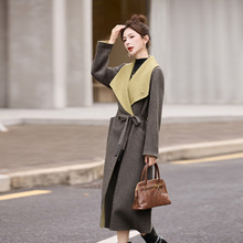 撞色大翻领双面呢子大衣女长款2025秋冬新款时尚气质收腰羊毛外套