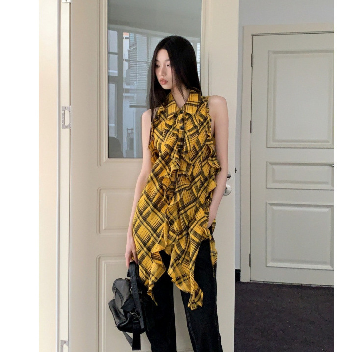 Hot Girls Plaid Shirt Multi-Layer Ruffled Retro Niche Design Sleeveless Top Women