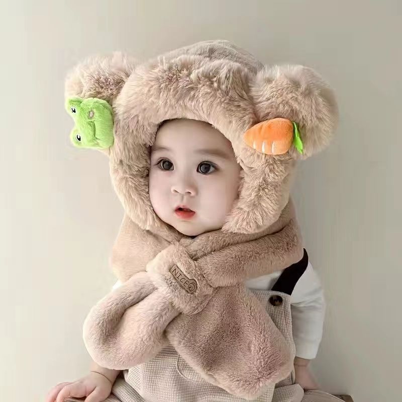 儿童帽子围巾一体秋冬季男女童可爱毛绒保暖围脖加厚宝宝婴儿护耳|undefined