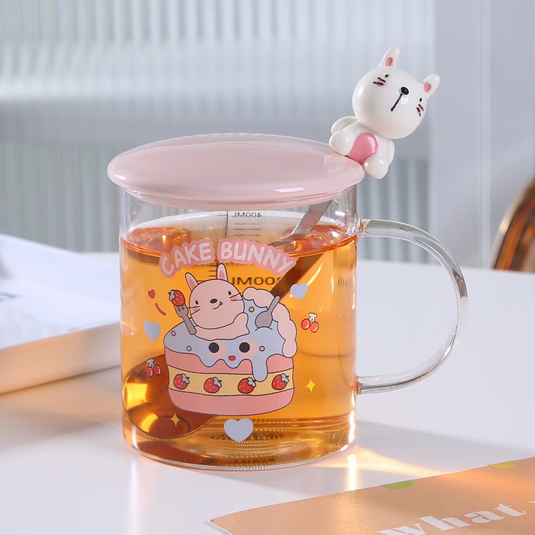 Creativo de dibujos animados tazas de animales con cubierta cuchara de oficina taza de agua con alta escala taza de vidrio de silicona personalidad