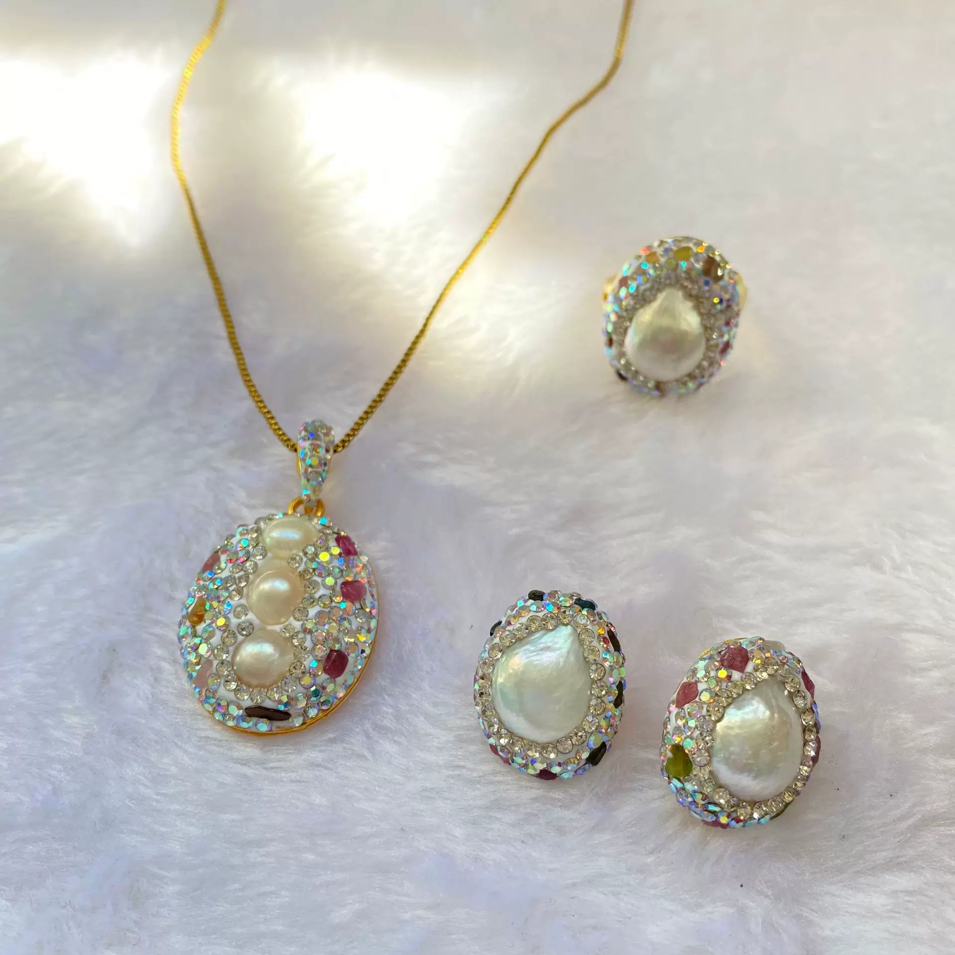 天然巴洛克珍珠项链耳环戒指首饰套装精美手工镶彩钻时尚个性百搭