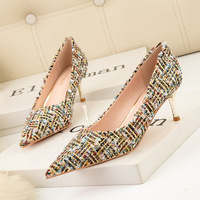 869-15 European and American fashion contracted wind grid high heel with shallow mouth pointed sexy nightclub show thin single shoes for women's shoes