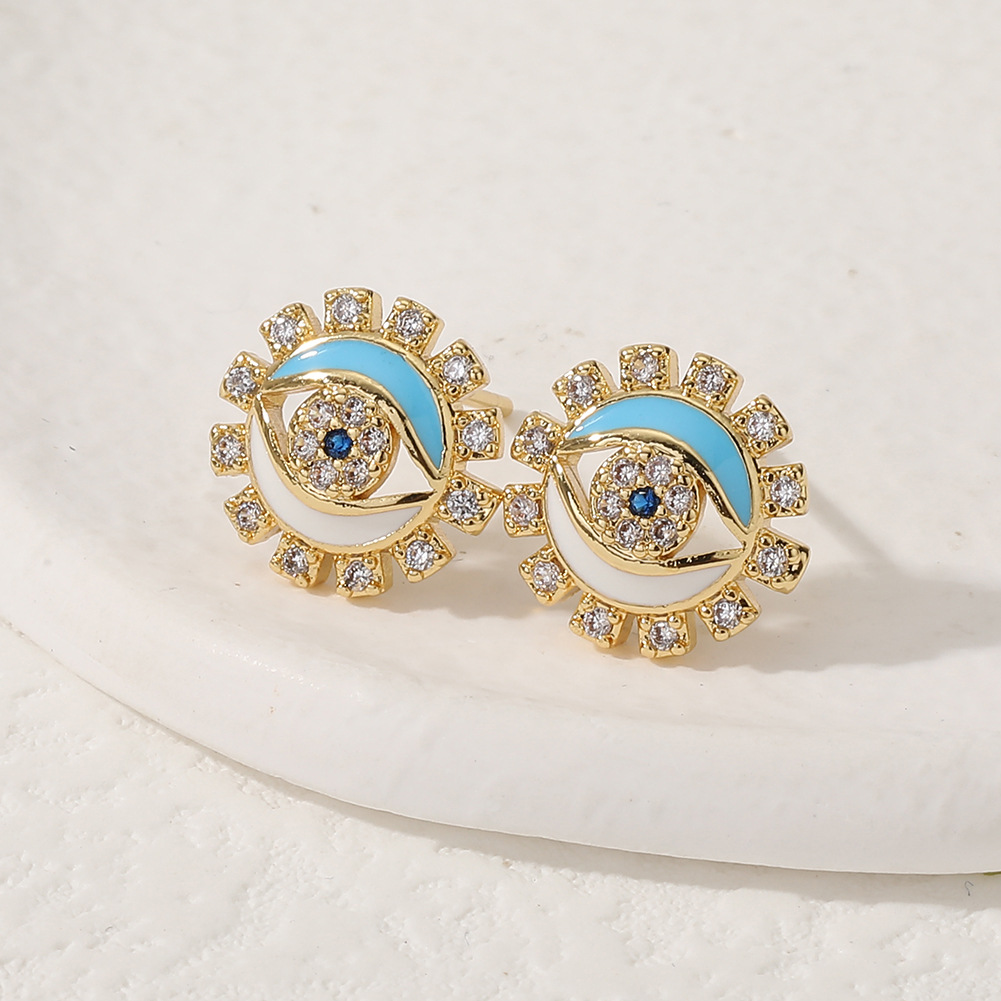 Ethnic Style Geometric Devilu0027S Eye Copper Ear Studs Inlay Zircon Copper Earrings