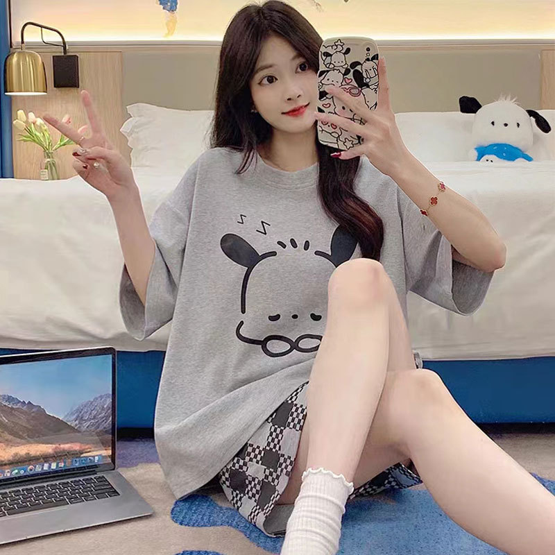 Pajamas for Women, Summer Imitation Cotton Short-Sleeved Shorts, Simple Casual Cartoon Girls' Plus Size Home Clothes Set That Can Be Worn Outside