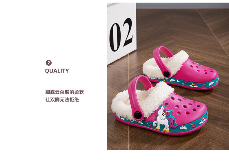 Giày clog trẻ em lót lông tháo rời họa tiết hoạt hình — —6 màu hồng, —6 màu đen, —6 xanh dương chi tiết 14