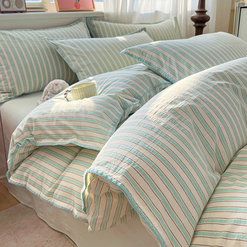 Striped Simple All-cotton Washed Cotton Four-piece Set, Encrypted Bed Fitted Sheet, Bedding, Student Dormitory_voghion.com