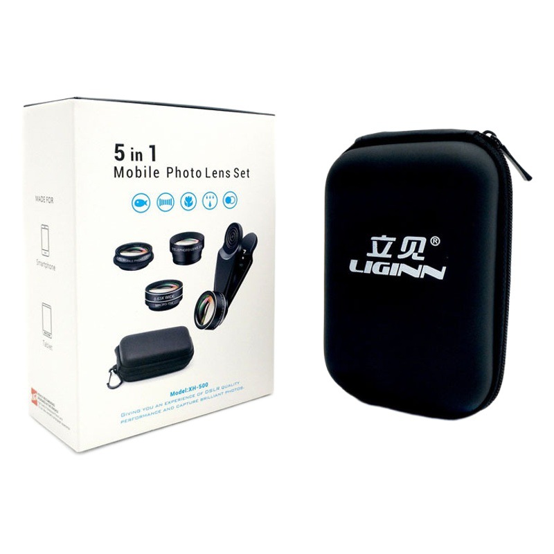 Cinco en un traje de lente de teléfono móvil 0.63X gran angular 15X macro 198 ° fisheye 2X aumento de la distancia polarizador