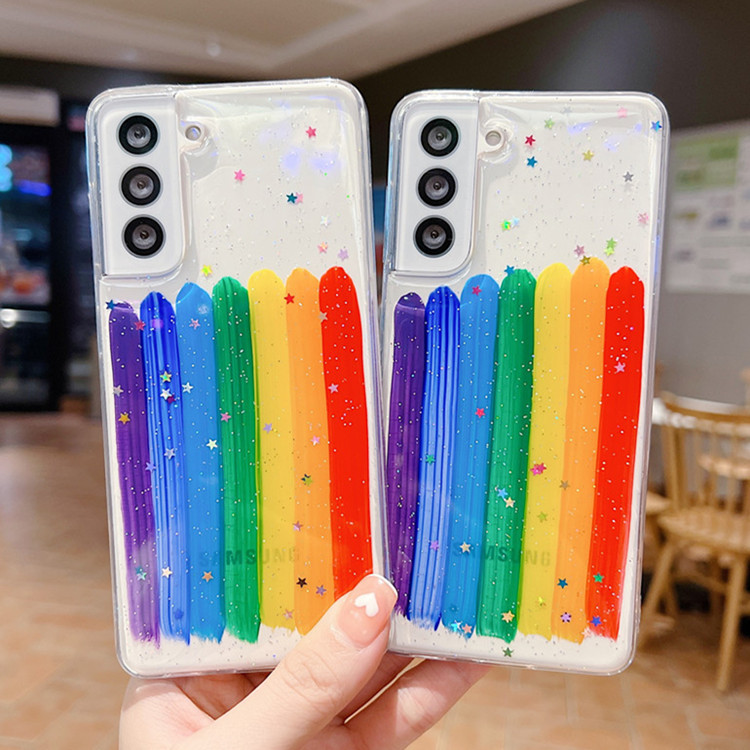 适用iphone14手机壳创意手绘水彩彩虹亮片滴胶新款S22ultra保护套