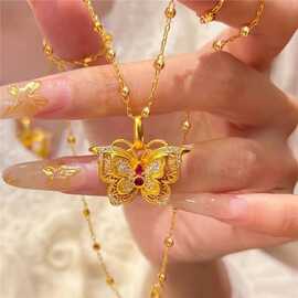 小红书同款古法点钻玲珑花蝶项链女时尚镂空花丝双层小蝴蝶锁骨链