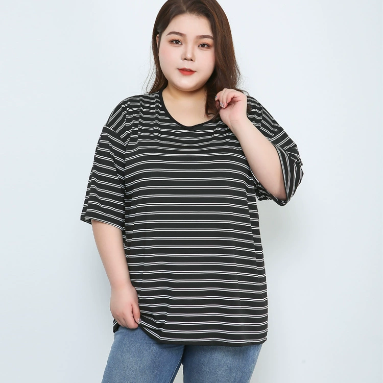 Женская Толстая эластичная куртка с коротким рукавом в полоску больших размеров 200 кг, свободная женская футболка с коротким рукавом, куртка 300 кг