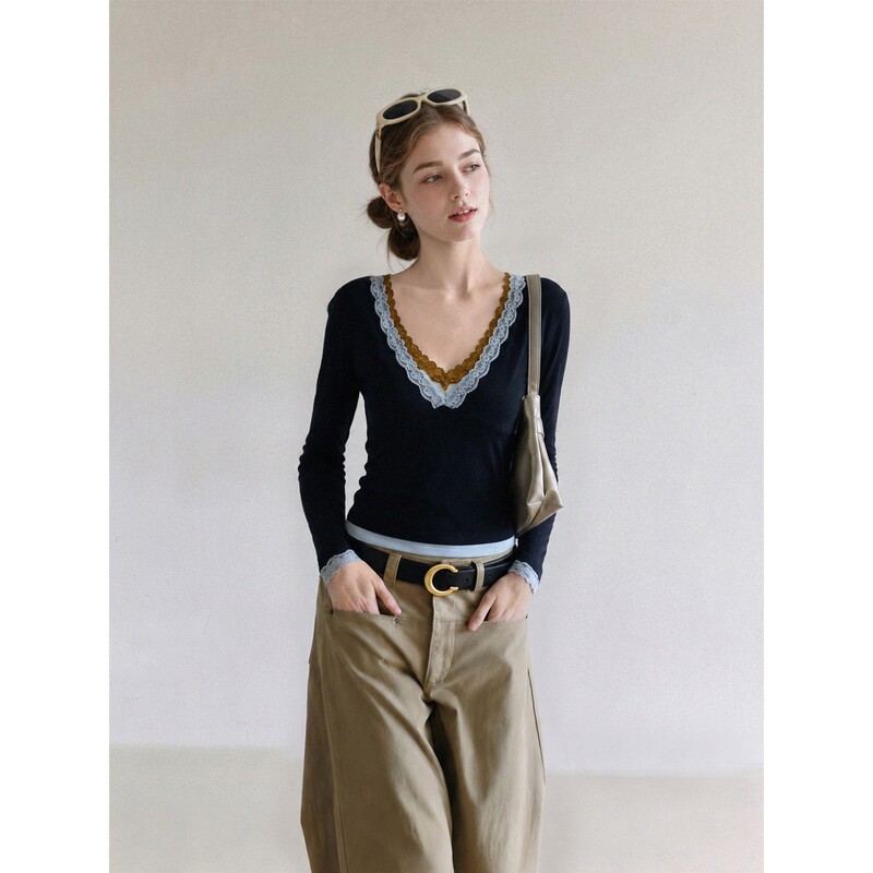 Forever Korean-style navy blue long-sleeve T-shirt with contrasting lace trim for women, autumn slim-fit top