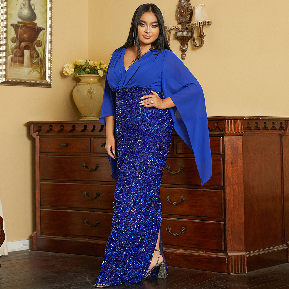 GraceChic Cross-Border European And American Plus Size Elegant Sexy Pailletten V-Ausschnitt Langarm Abendkleid für Brautjungfern_voghion.com