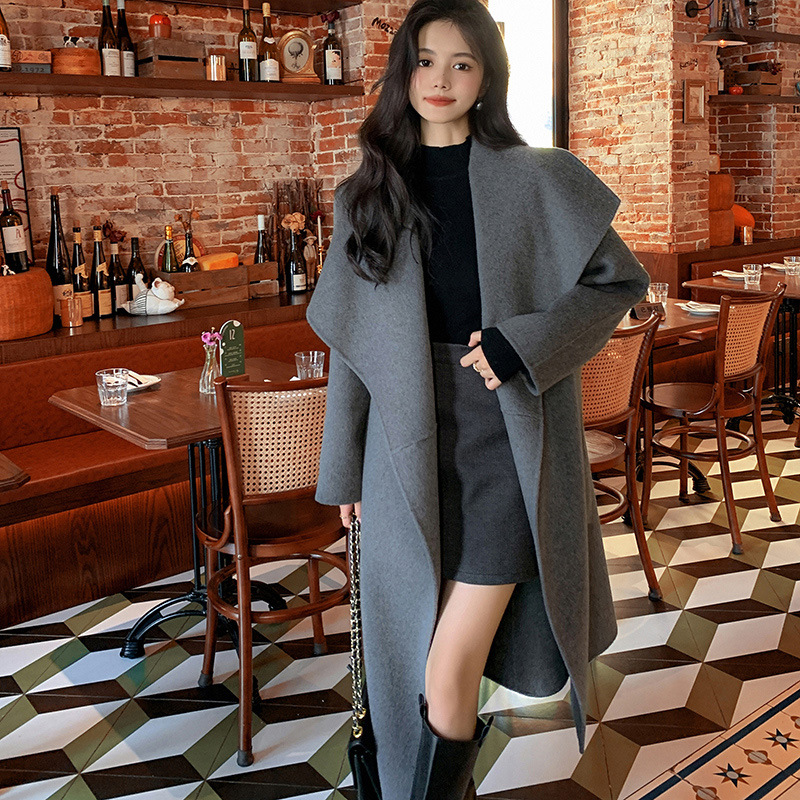 Camel wool coat women's loose large lapel long elegant casual lace-up double-sided woolen coat all-matching