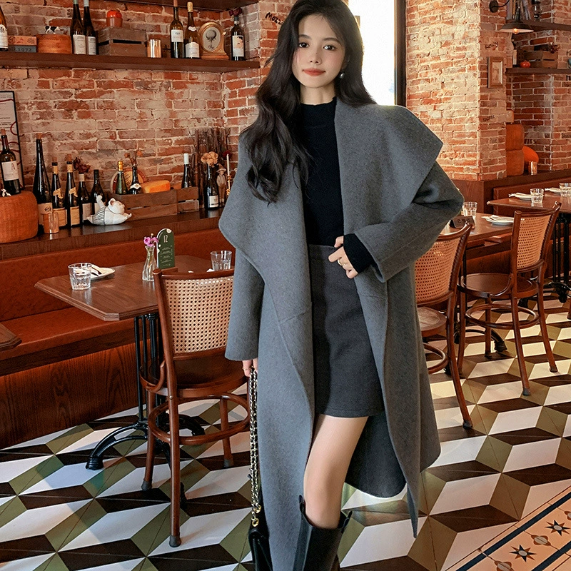 Пальто из верблюжьей шерсти, женское Свободное длинное Элегантное повседневное двустороннее шерстяное пальто на шнуровке с большими лацканами, подходящее ко всему