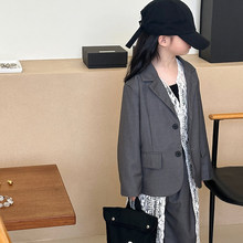 童装西装套装灰色2024春季新款女童小西装套装韩版套装一件代发潮