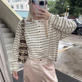 COR26秋冬新款翻领针织衫宽松条纹棉质长袖上衣时尚简约女毛衫