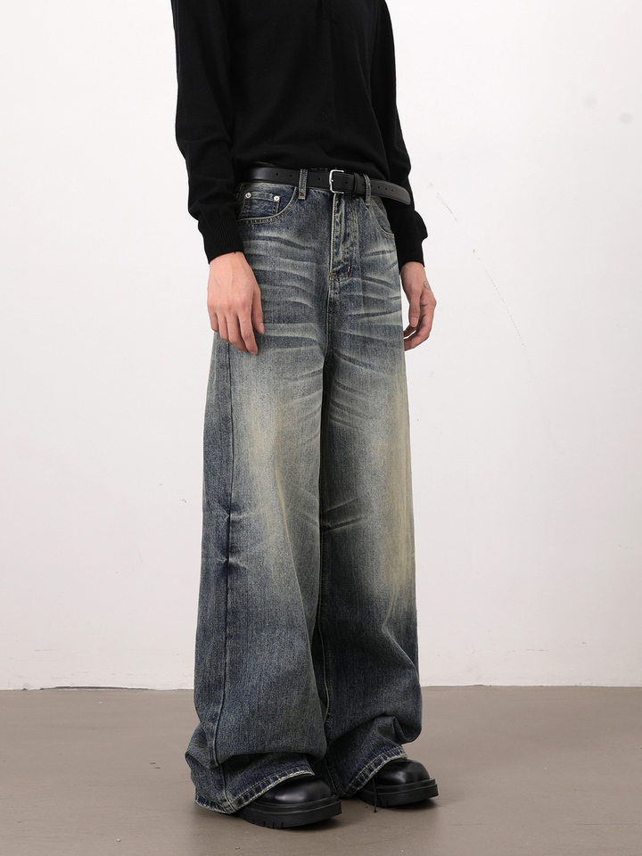 Quần jeans nam dáng chữ A ống rộng phong cách retro, râu mèo nổi, lưng vừa, dài ống suông — Màu xanh dương