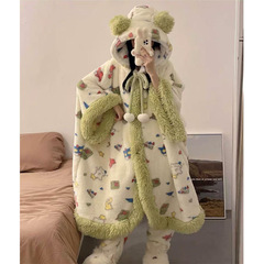 冬のかわいいアニメフード付きの家服秋冬のマントとベルベットの厚いベルベットのパジャマの女性の保温パジャマ