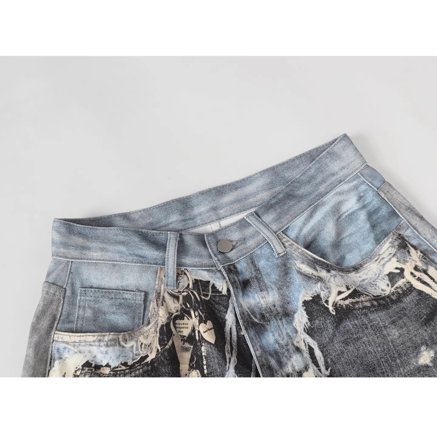 Vintage Distressed Patchwork Denim Pants – Oversized Wide-Leg Streetwear Jeans With 3d Print & Ripped Details (Unisex, Black, S-3xl)_mkmklike.com