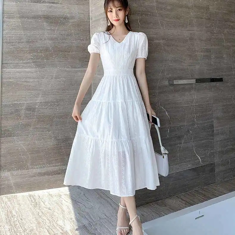 9092 White dress Summer New French Women's Clothing Niche First Love Super Fairy Elegant Slim Midi Dress