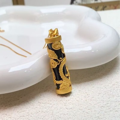 天然和田墨玉无事牌项链吊坠铜镶中式国风方牌玉石毛衣链配饰直播|ms