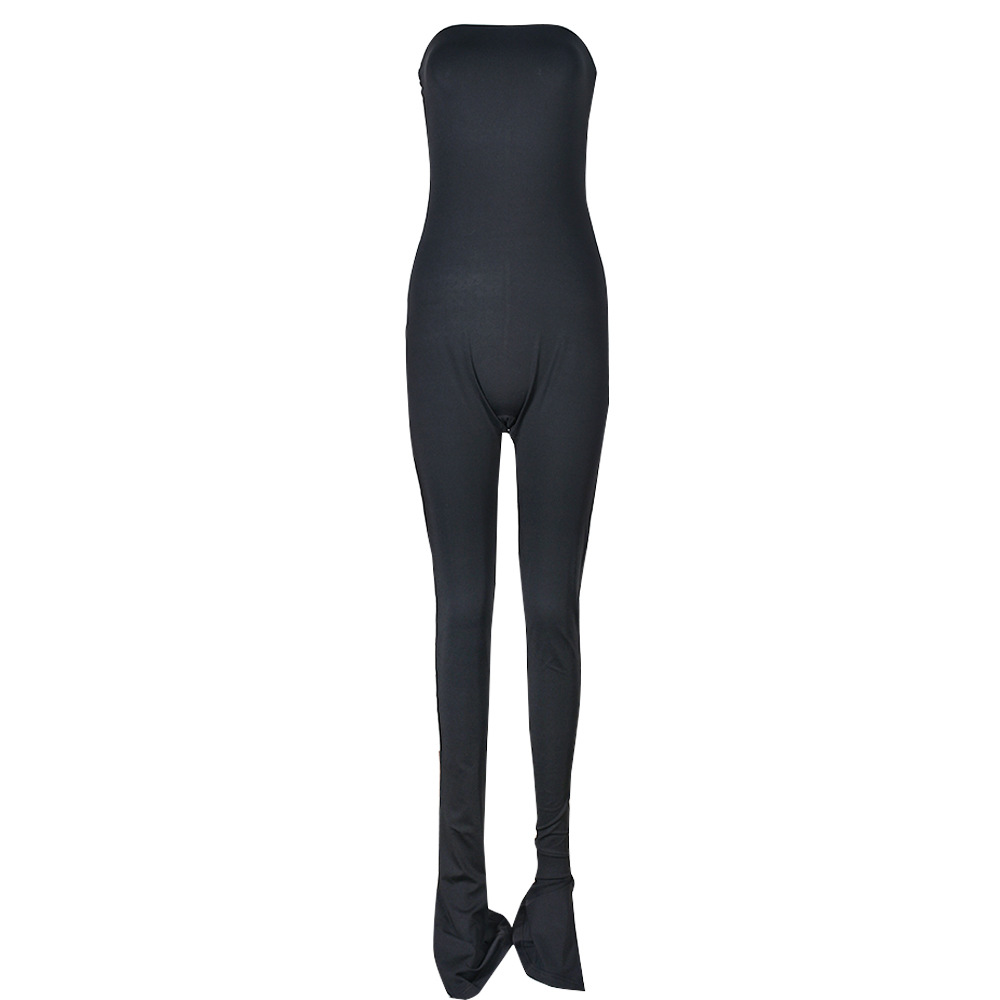 Women Clothing off Neck Stitching High Elastic Slit Slim Fitting Jumpsuit