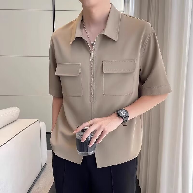 2026 Summer Half-Zip Casual Shirt for Men, Drapey Niche Short-Sleeve T-Shirt, Trendy High-Neck Clothing
