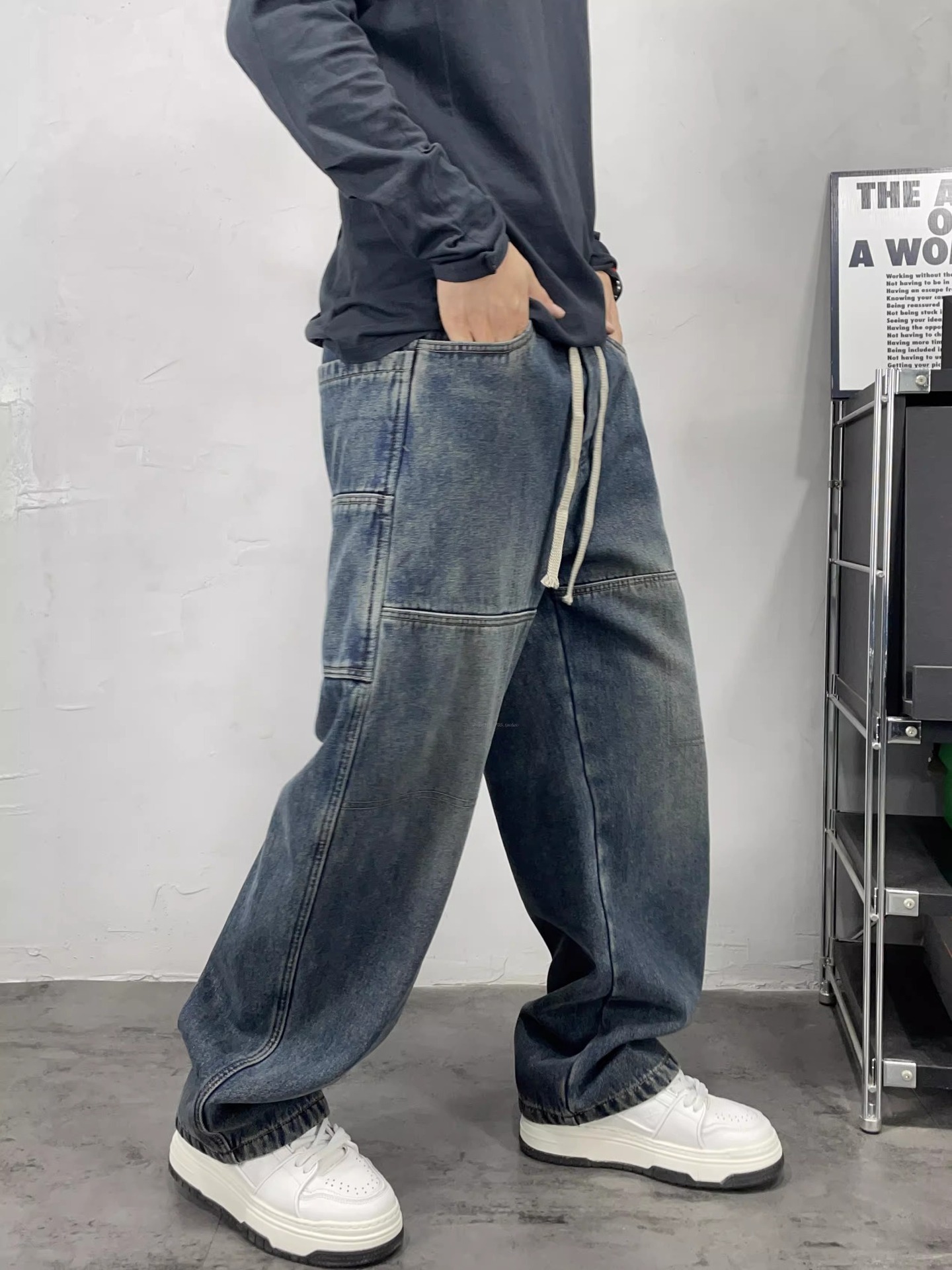 Men's High-Waisted Color-Block Jeans Blue & Black Loose Wide-Leg Straight Pants Hip Hop Style European American Trendy Brand_mkmklike.com