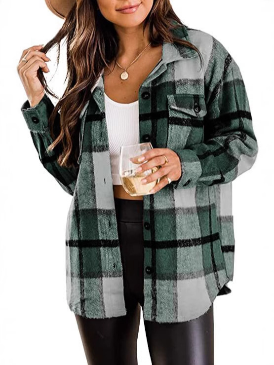Women's Clothing Plaid Shirt American Style Long Sleeved Collared Loose Fit Mid Length Coat For Autumn Winter_ecoleips.com