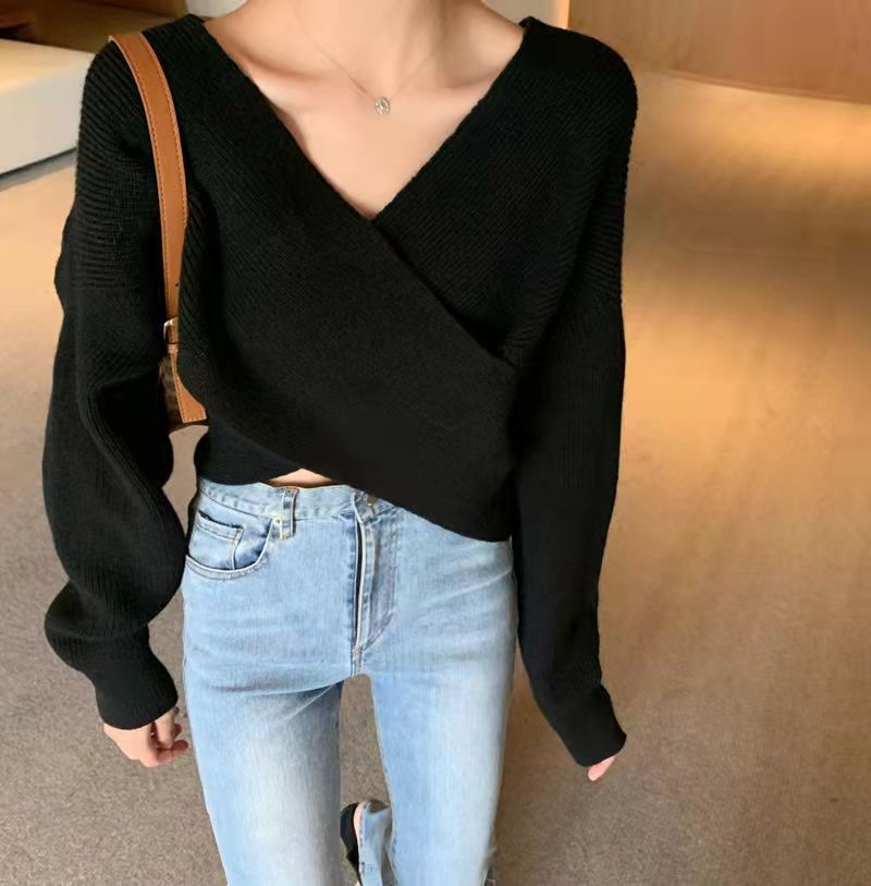Suéter de punto holgado con cuello en V cruzado, estilo retro francés, chic coreano, para mujer, estilo corto, para otoño