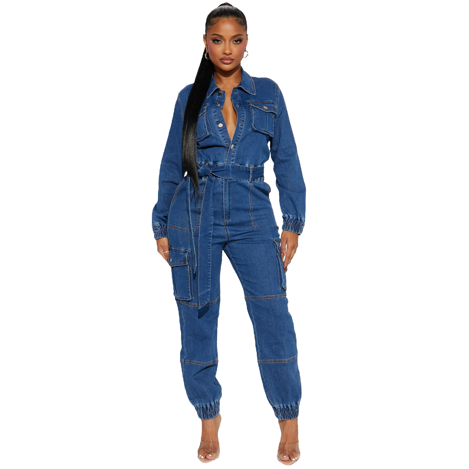 Women's Clothing 3571 New Fashion Street Style Waist hugging Body shaping Multi pocket Elastic Waist Denim Overalls Jumpsuit_voghion.com