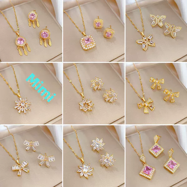 [suit] Cross-border Fashion Elegant Luxury Full of Zirconium Fine Elements Wind Copper Micro-inlaid Earrings Necklace suit Combination